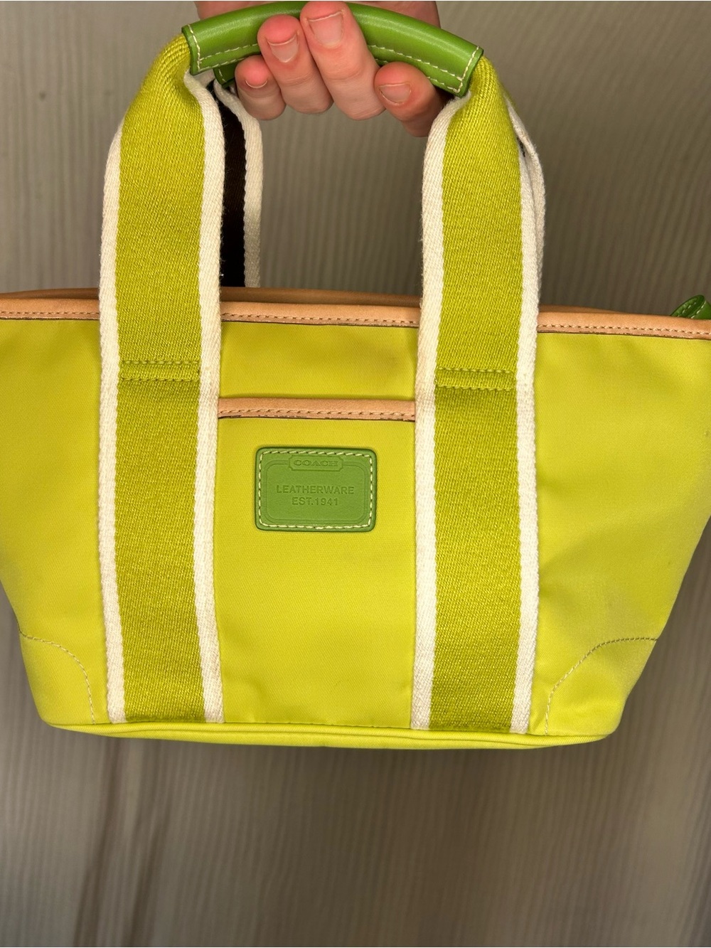 COACH Lime Green Canvas Tote with Striped Webbing Handles
